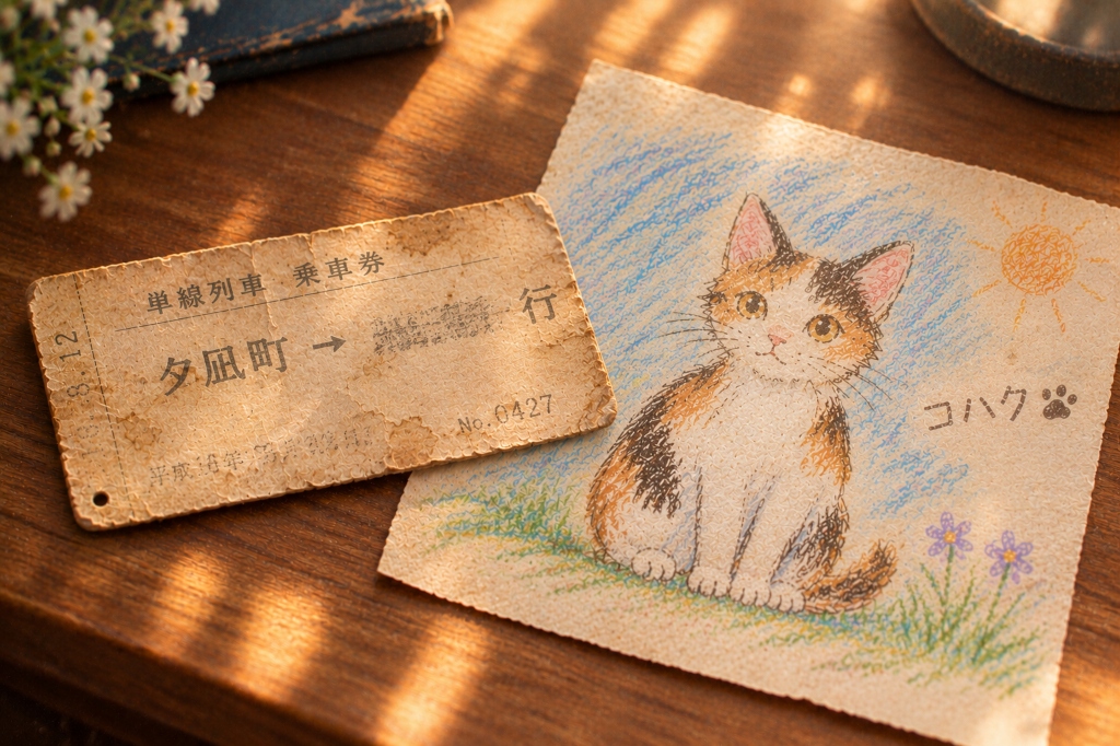 夕凪町行きの古い切符と三毛猫コハクのスケッチ